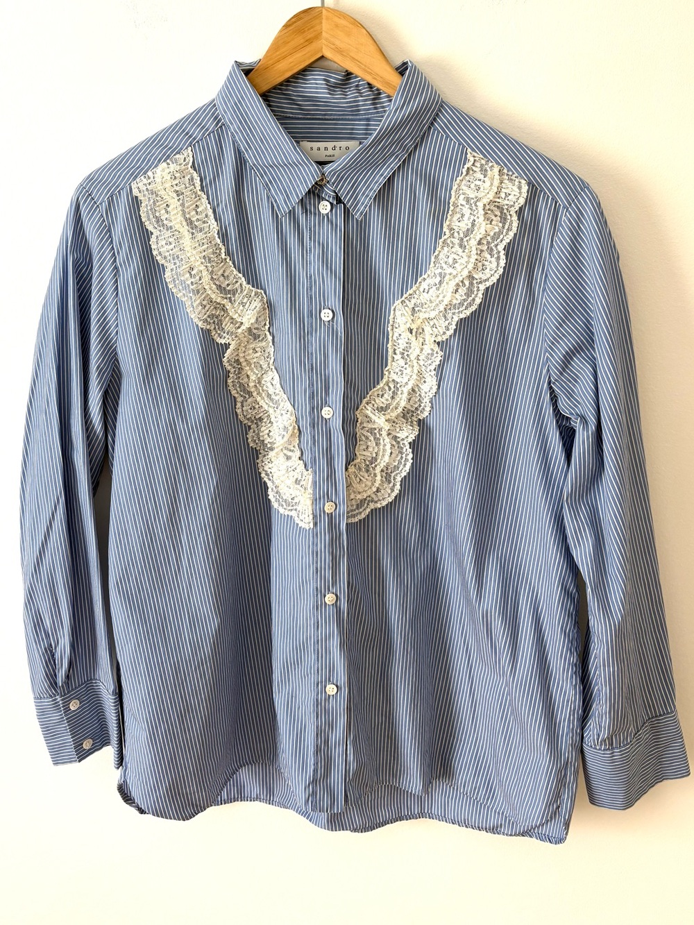 Sandro Paris Blue Striped Lace Ruffle Button Up Blouse Size 3 M/L French Classic - Picture 6 of 12